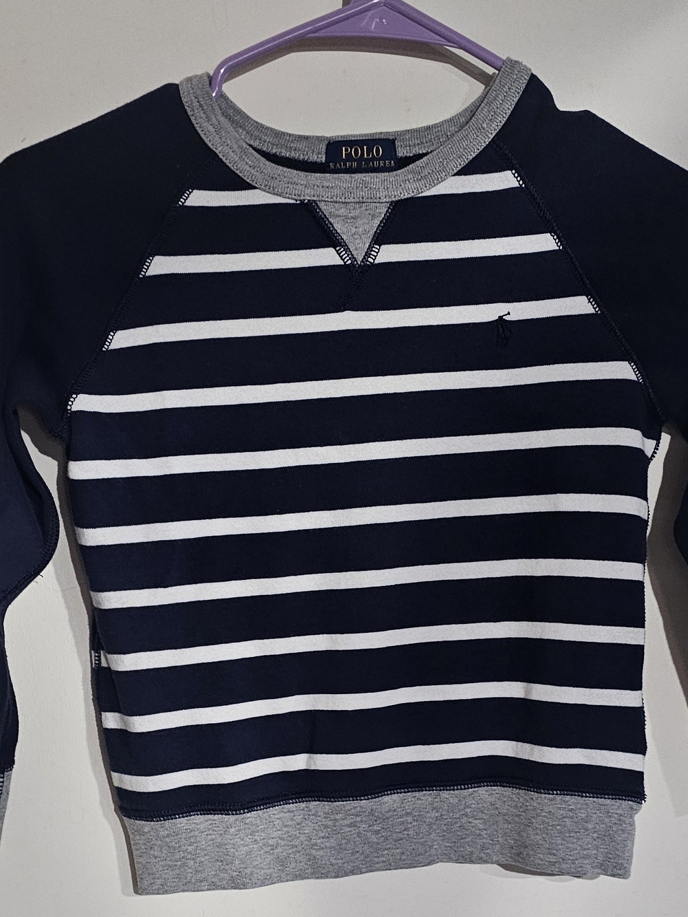Polo by Ralph Lauren Navy & White Striped Crewneck Sweatshirt with Gray Trim